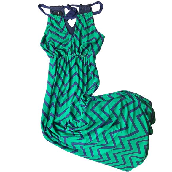 Iz Byer Women Maxi Dress size M Sleeveless Halter V-cut Stretchy Green & Blue - Picture 1 of 9